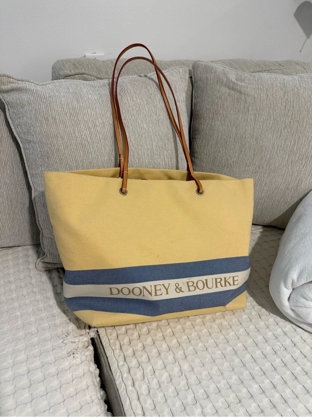 Dooney & Bourke Yellow Canvas Tote with Blue & Cream Stripes